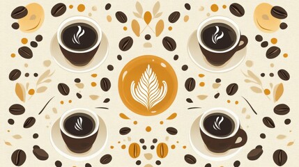 Artistic Flat Lay Composition of Coffee Cups, Beans, and Decorative Elements, Ideal for Cafes, Coffee Lovers, and Beverage Related Themes