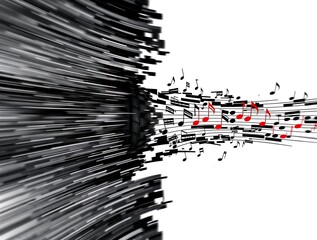 Abstract Music Burst: Black Lines and Red Notes