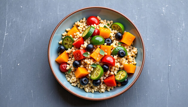 Vegetable Couscous - Light couscous served with colorful roasted vegetables and a lemony dressing. background copyspace