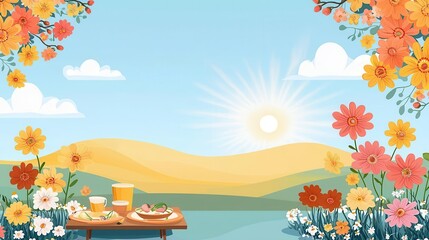 Fototapeta premium Blooming flowers and sunny skies, springtime picnic scene, flat design illustration