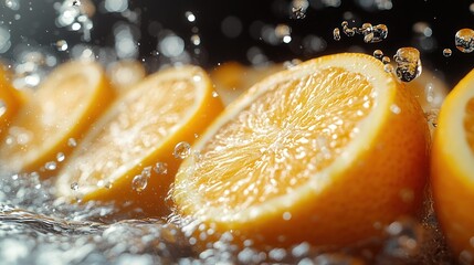 Fresh orange slices splashing in water.