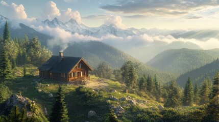 Scenic Mountain Cabin Retreat Surrounded by Lush Forest and Majestic Peaks at Sunrise with Soft Clouds and Warm Light Emitting from Chimney