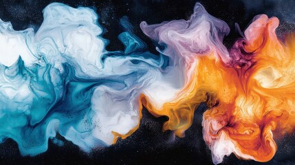 A vibrant abstract artwork featuring colorful swirls and dynamic fluid patterns against a dark background, showcasing vivid contrasts in colors.