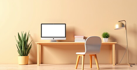 Minimalist home office setup with computer and plants