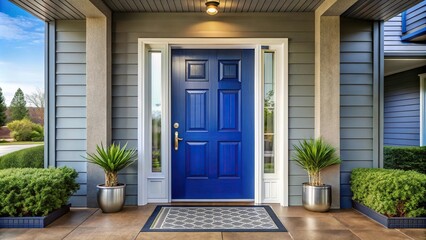 Obraz premium Striking cobalt blue door with brushed nickel accents and contemporary porch