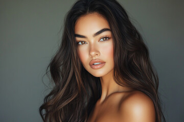 Naklejka premium Beautiful woman with long brown hair, straight and shiny hair