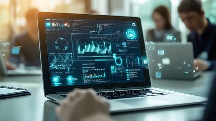 Fototapeta premium Modern Office Space with Advanced Data Analytics on Laptop and Team Interaction : Generative AI