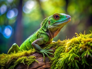 Fototapeta premium Lizard on Log, Reptile Photography, Green Iguana, Stock Photo, Nature Image, Wildlife, Reptilian, Exotic Pet, Pet Lizard, Closeup, Macro Photography, Animal Photography, Reptile Stock Photo, 