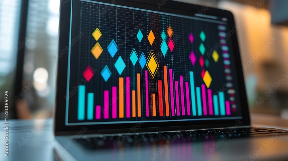 Aufkleber Computer Screen Displaying Colorful Geometric Shapes on Graph for Data Analysis Visualization : Generative AI