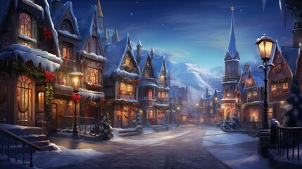 Obraz premium Cozy Winter Town Street with Festive Lights
