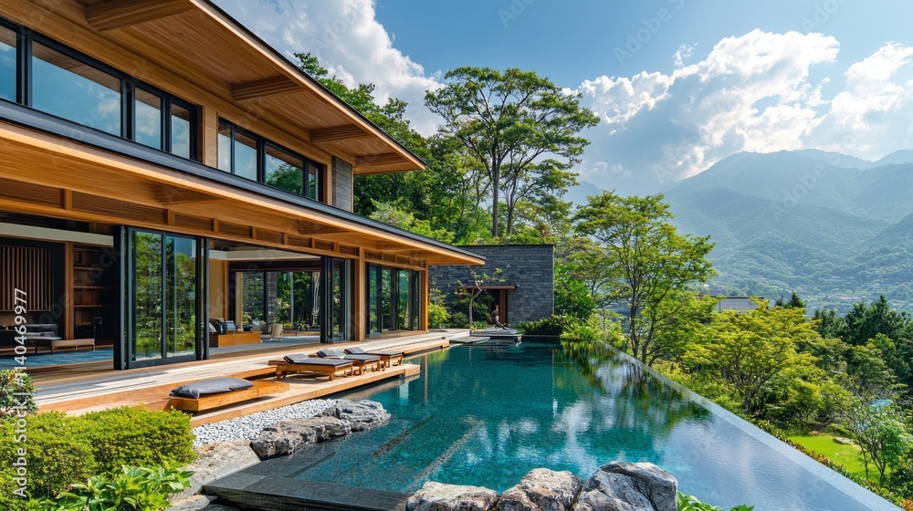 Poster A large house with a pool and a mountain in the background
