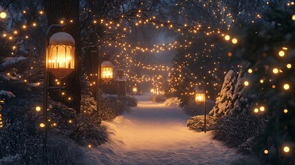 Obraz premium Snowy Pathway with Lanterns and Christmas Lights Along the Way