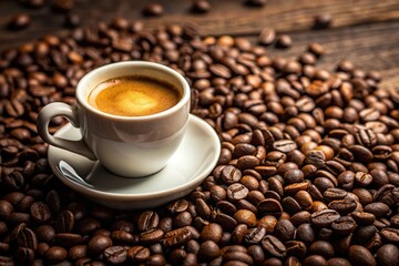 Fototapeta premium Strong espresso black coffee and coffee beans background art Medium Shot