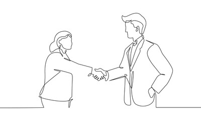 Handshake of Woman and Man One Line Vector Illustration. Handshake People Silhouette Simple Line Art Drawing. Abstract Black Sketch Illustration of Business Concept for Minimalist Design.