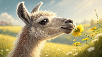 Obraz premium Llama close-up in sunny meadow with yellow flowers