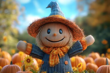 A cheerful scarecrow wearing a hat and scarf surrounded by pumpkins and flowers in a bright autumn farm setting.