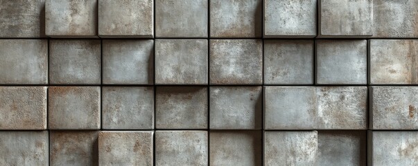 Concrete, Futuristic Mosaic Tiles arranged in the shape of a wall. Semigloss, Blocks stacked to create a Square block background.