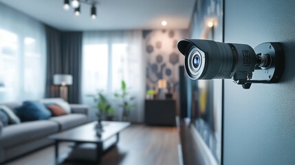 A camera is mounted on a wall in a living room