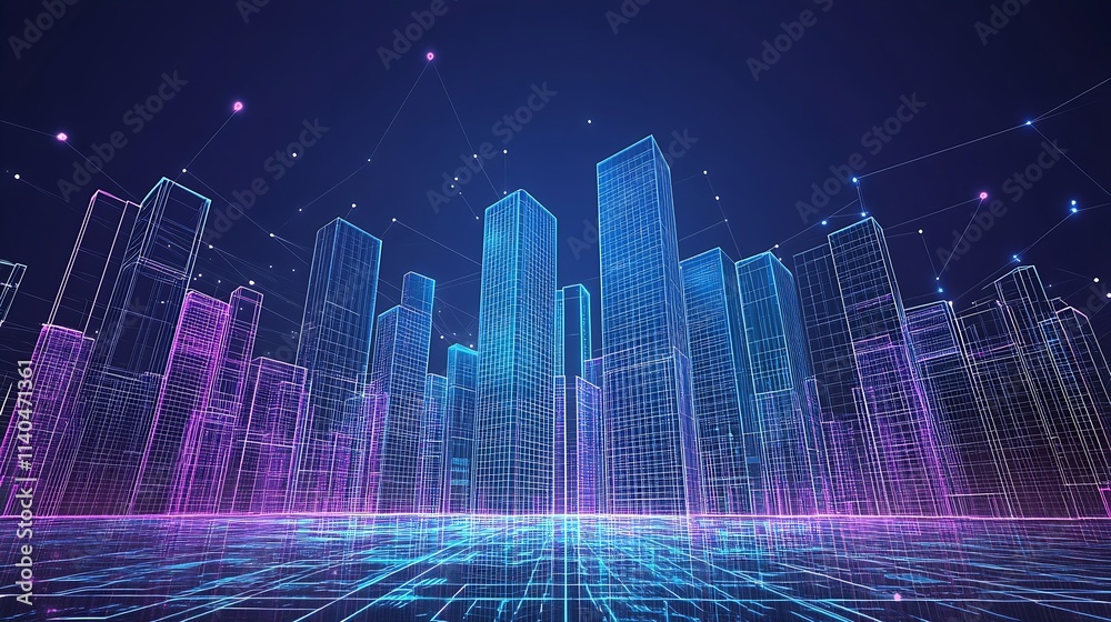 Aufkleber digital urban cityscape with neon structures and futuristic technology concept : generative ai