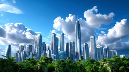 Fototapeta premium Modern City Skyline with Lush Greenery Under a Dynamic Blue Sky and Fluffy White Clouds Creating a Perfect Urban Nature Contrast for Cityscapes