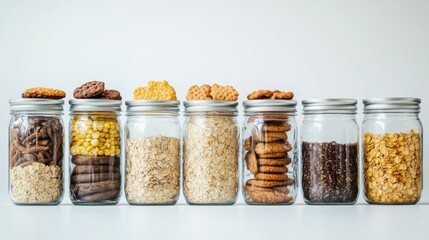 food storage and eating concept - close up of jars with oat, corn flakes, granola, cookies and spreads on white background