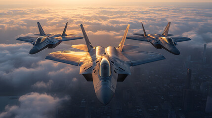 Three fighter jets flying in the sky above a city. The sky is cloudy and the sun is setting