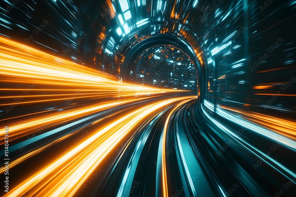 Aufkleber futuristic neon city tunnel with vibrant light trails and fast motion effect : generative ai