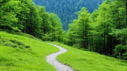 Serene winding path through lush green forest landscape.