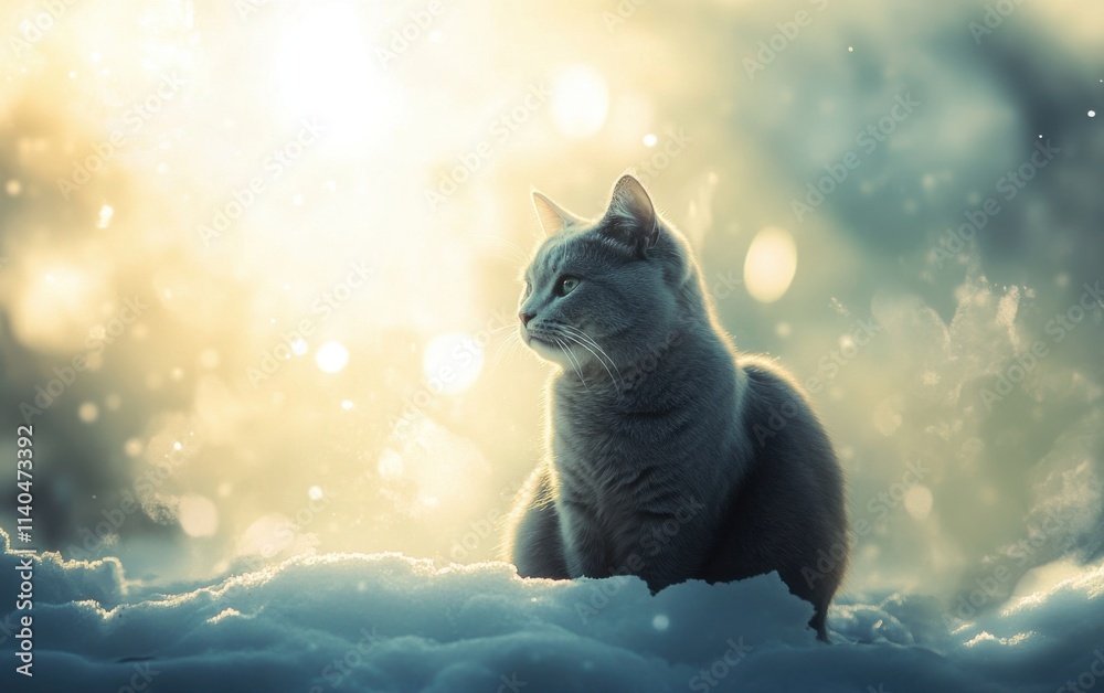 Poster beautiful gray cat sitting on the snow, snowflakes falling in front of it, sunlight shining through 