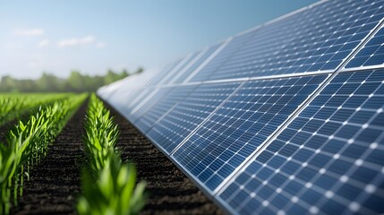 Fototapeta premium A close-up view of solar panels beside vibrant green crops, illustrating the integration of renewable energy in agriculture.