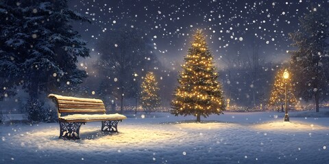 Obraz premium Snow-covered park bench with a red scarf draped over it and snowflakes falling 