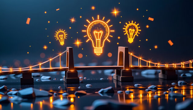 The Bridge of Ideas - A literal bridge connecting two teams with glowing ideas floating between them. background copyspace