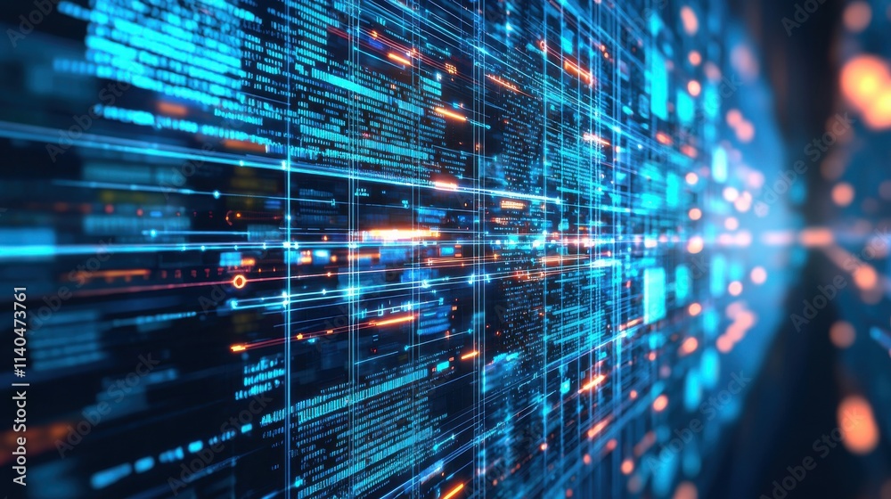 Poster futuristic data stream with vibrant lights and digital codes creating a high-tech environment for co