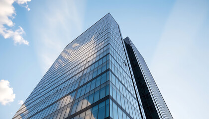 Building Background: A modern glass-covered skyscraper against a clear sky with an architectural focus on sleek clean lines and reflections. background copyspace