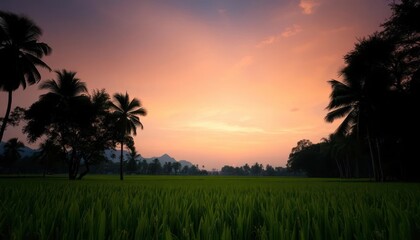 Tranquil landscape at sunset with lush green fields and silhouetted palm trees.