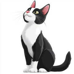 Obraz premium Illustration of a black and white cat, a cat in a cartoon style, isolated on a white background, the cat smiles and looks up