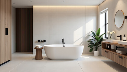 Fototapeta premium Neutral-toned modern bathroom with a freestanding tub and minimalist fixtures. background copyspace