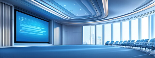 Obraz premium Modern Spacious Conference Room with Blue Accents and Large Screen Suitable for Presentations and Meetings in a Contemporary Office Setting