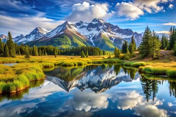 Stunning mountain landscape with pond reflecting Mont Blanc in background