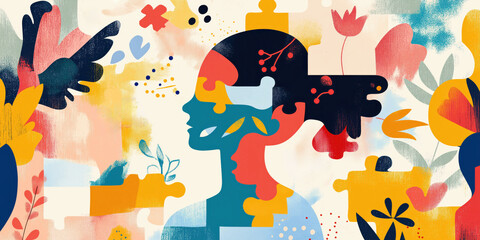 Naklejka premium Abstract puzzle portrait of diverse woman with floral design elements