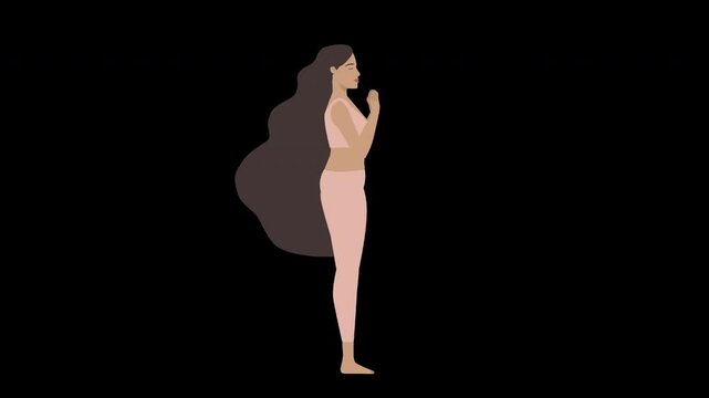 Animated illustration of a white woman doing asana sun salutation yoga tadasana pose