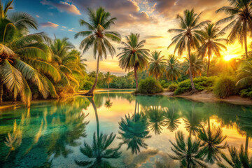 serene oasis with palm trees reflecting in tranquil water at sunset, creating peaceful atmosphere. vibrant colors of sky enhance beauty of this natural landscape