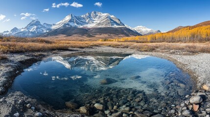 Obraz premium A serene mountain landscape with a reflective pool and autumn foliage.