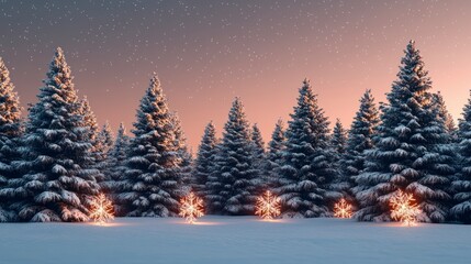 Fototapeta premium Photorealistic Winter Landscape with Snow-Covered Trees and Decorative Snowflakes, Perfect for Christmas-Themed Designs and Holiday Promotions