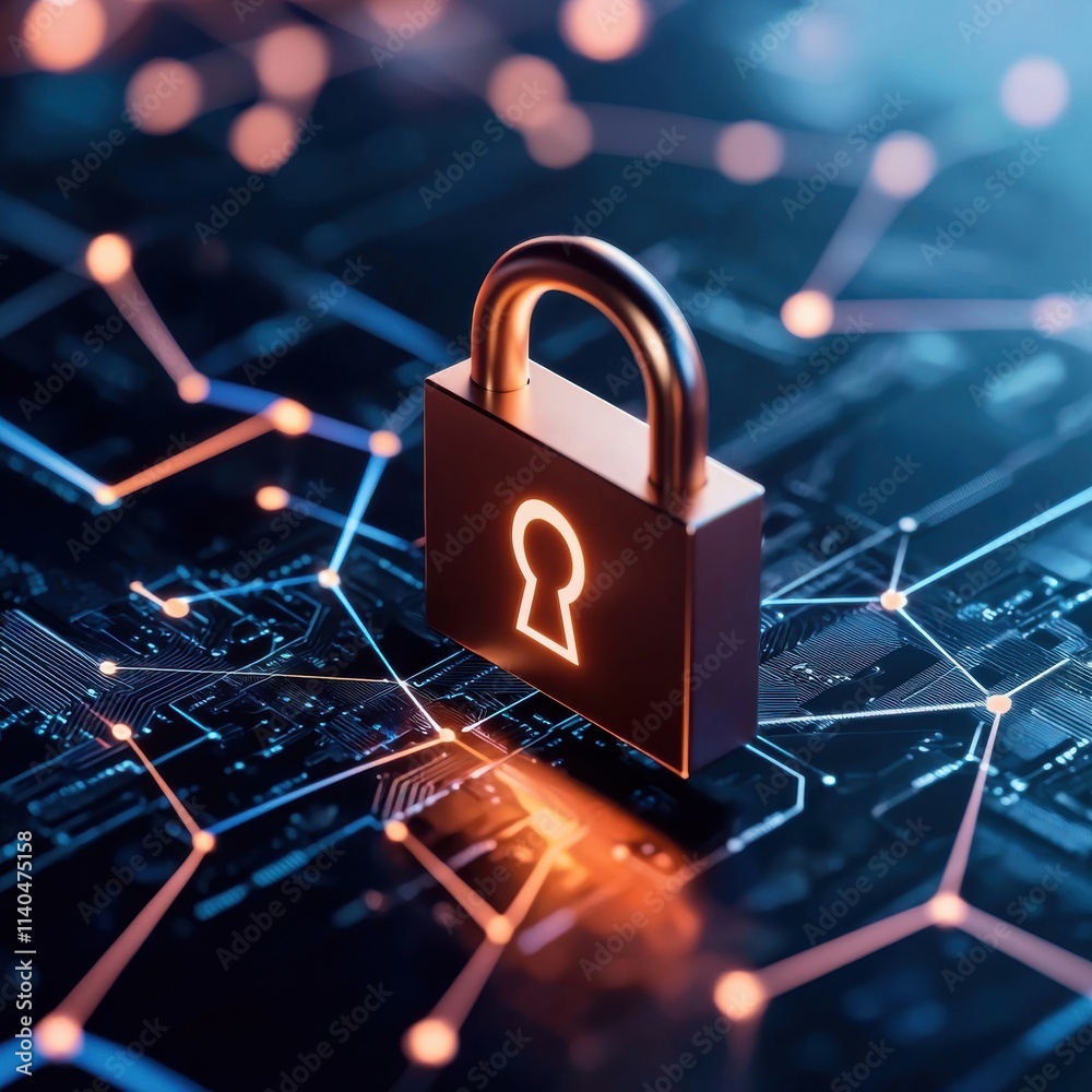 Poster digital lock symbol on high-tech circuit background representing cybersecurity and online privacy co