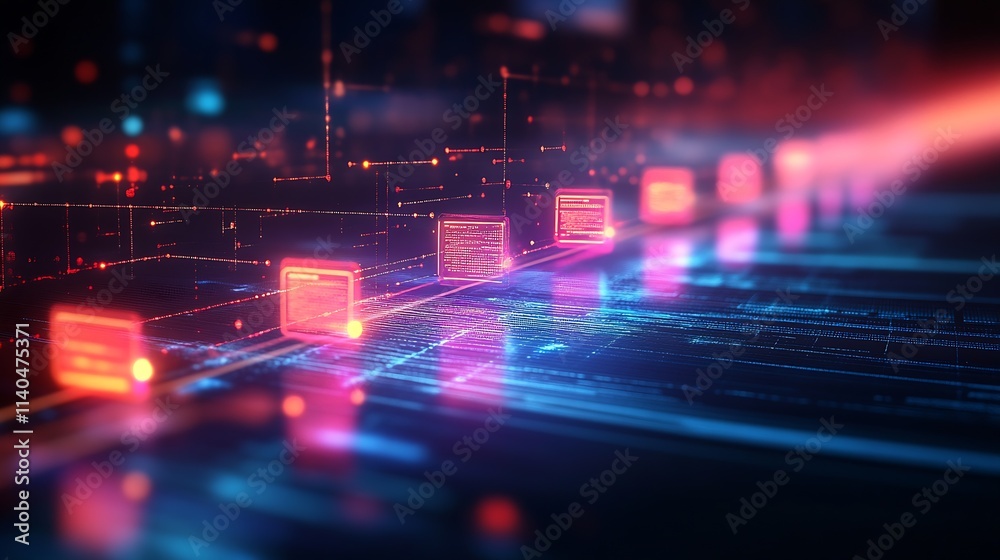 Aufkleber Futuristic Digital Network with Glowing Data Pathways and Abstract Communication Nodes : Generative AI