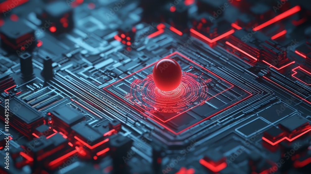 Poster abstract digital structure with red highlights featuring a central sphere, representing technology, 