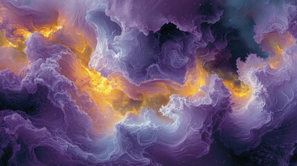 A mesmerizing cosmic scene with swirling colors and textures, blending purples, oranges, and yellows, creating an ethereal atmosphere.