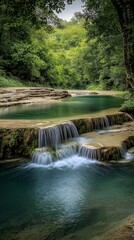 A serene waterfall cascading into a tranquil pool surrounded by lush greenery.