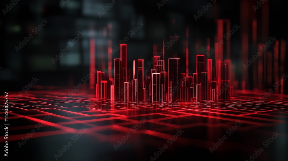Poster Futuristic Neon Wireframe Cityscape with Red Vertical Structures and Grid Pattern : Generative AI